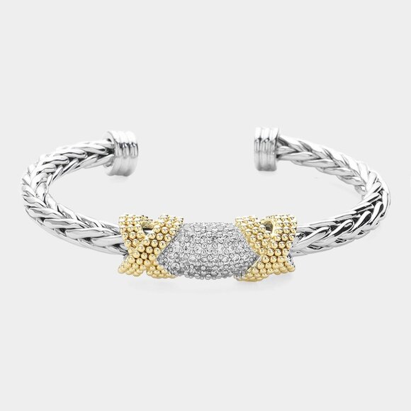 Two Tone CZ Pave Double Criss Cross Cuff Bracelet - Picture 1 of 1